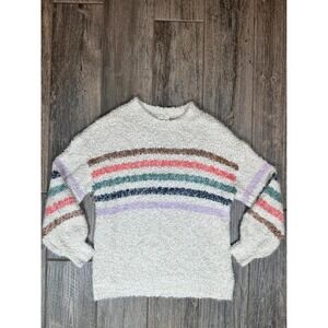 Blu Ivy M/L Striped Pullover Sweater Fuzzy Knit Cream Brown Teal Purple Cozy Top